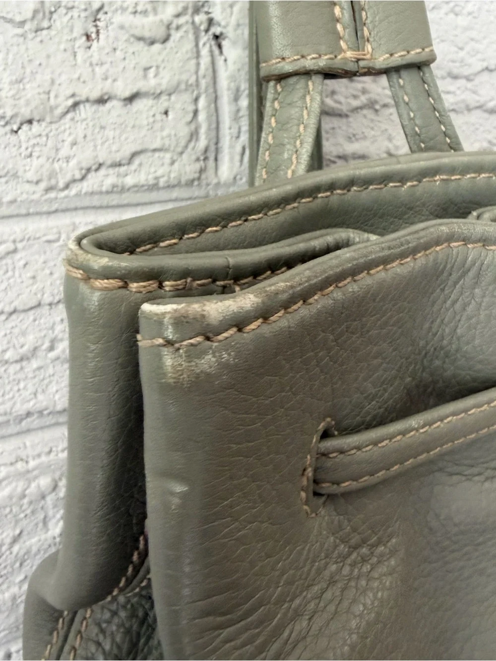 Gray/Green  Leather Backpack Tote - Minimal Drawstring Style